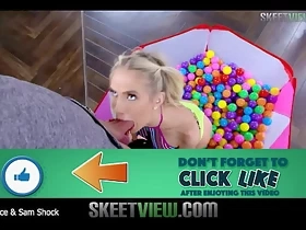 Petite blonde teen Sky Pierce plays in a ball pit before Sam Shock shows his cock to her and she starts to suck his dick. Blowjob, riding and doggystyle sex in the pit before taking a hot cum facial on her smiling face while getting pigtails pulled!